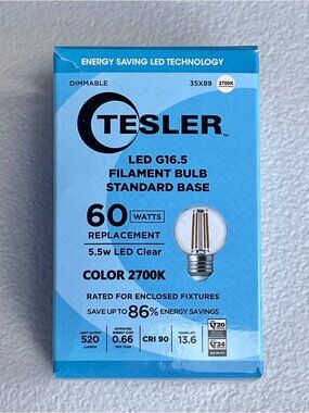 Tesler LED G16.5 Filament Bulb 60W Replacement 5.5W Standard Base 2700K Dims
